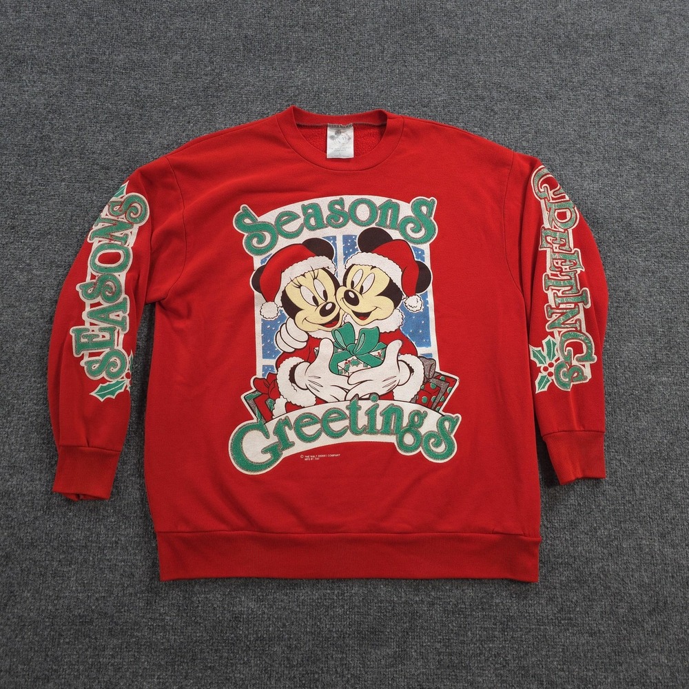 Vintage Disney Sweatshirt Womens L Red Seasons Greetings Mickey Minnie Xmas USA